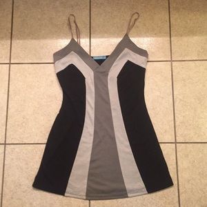 Black/grey vertical stripe top.